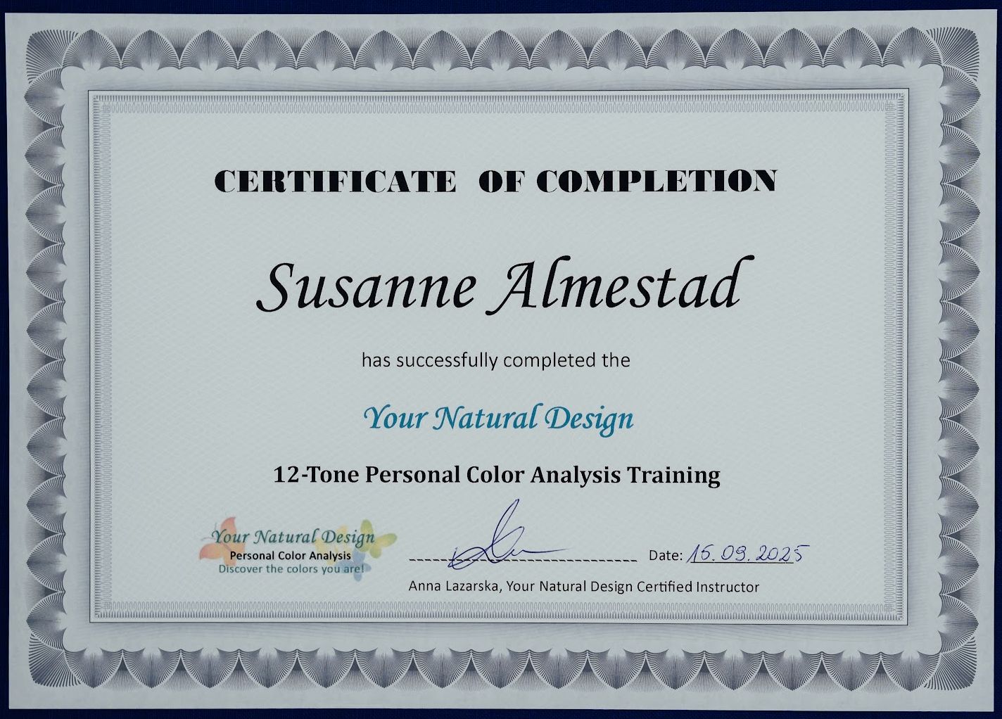 Certificate of Completion - Your Natural Design 12-Tone Personal Color Analysis Training